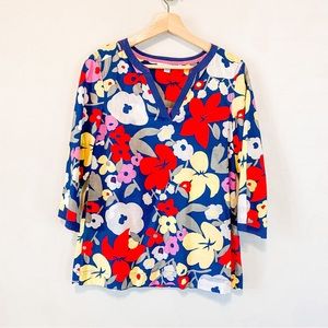 Boden Pop Art Floral Red Navy Cotton V Neck Blouse Size 6